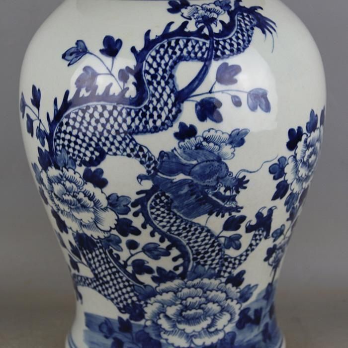 清康煕青花竜着牡丹紋将軍缶 景徳鎮 陶磁器 装飾品 現代