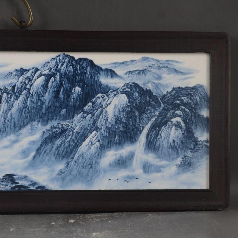 景徳鎮 青花山水紋陶板画 応接間 茶室 書斎 装飾品 工芸品 置物 - メルカリ