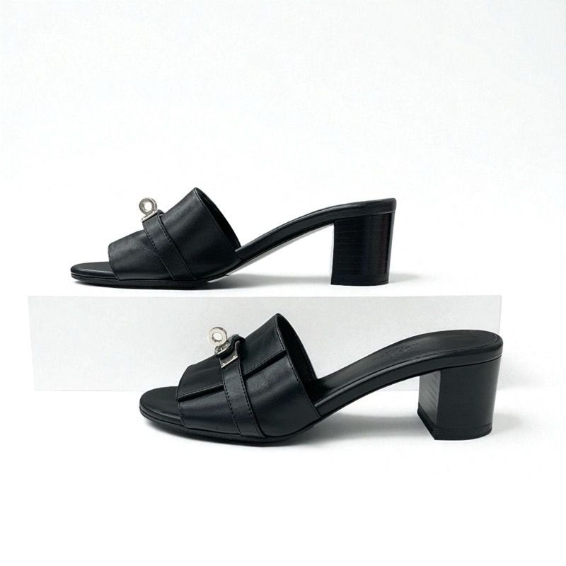 極美品 エルメス ミュール シルバー金具 ブラック レザー エルメス HERMES ジジ サンダル 靴 シューズ レザー ブラック シルバー