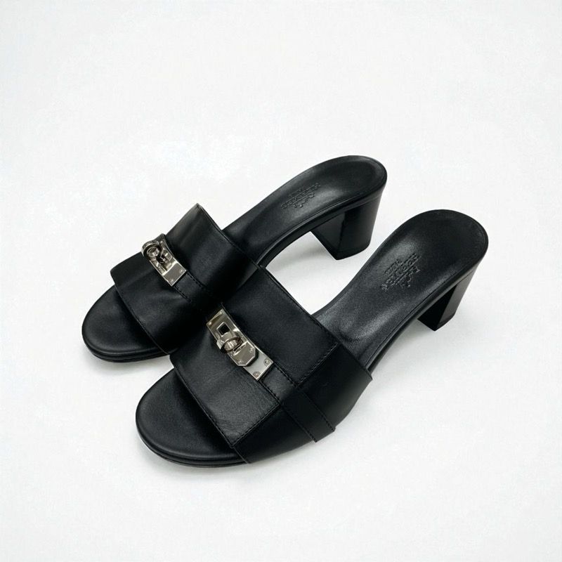 極美品 エルメス ミュール シルバー金具 ブラック レザー エルメス HERMES ジジ サンダル 靴 シューズ レザー ブラック シルバー