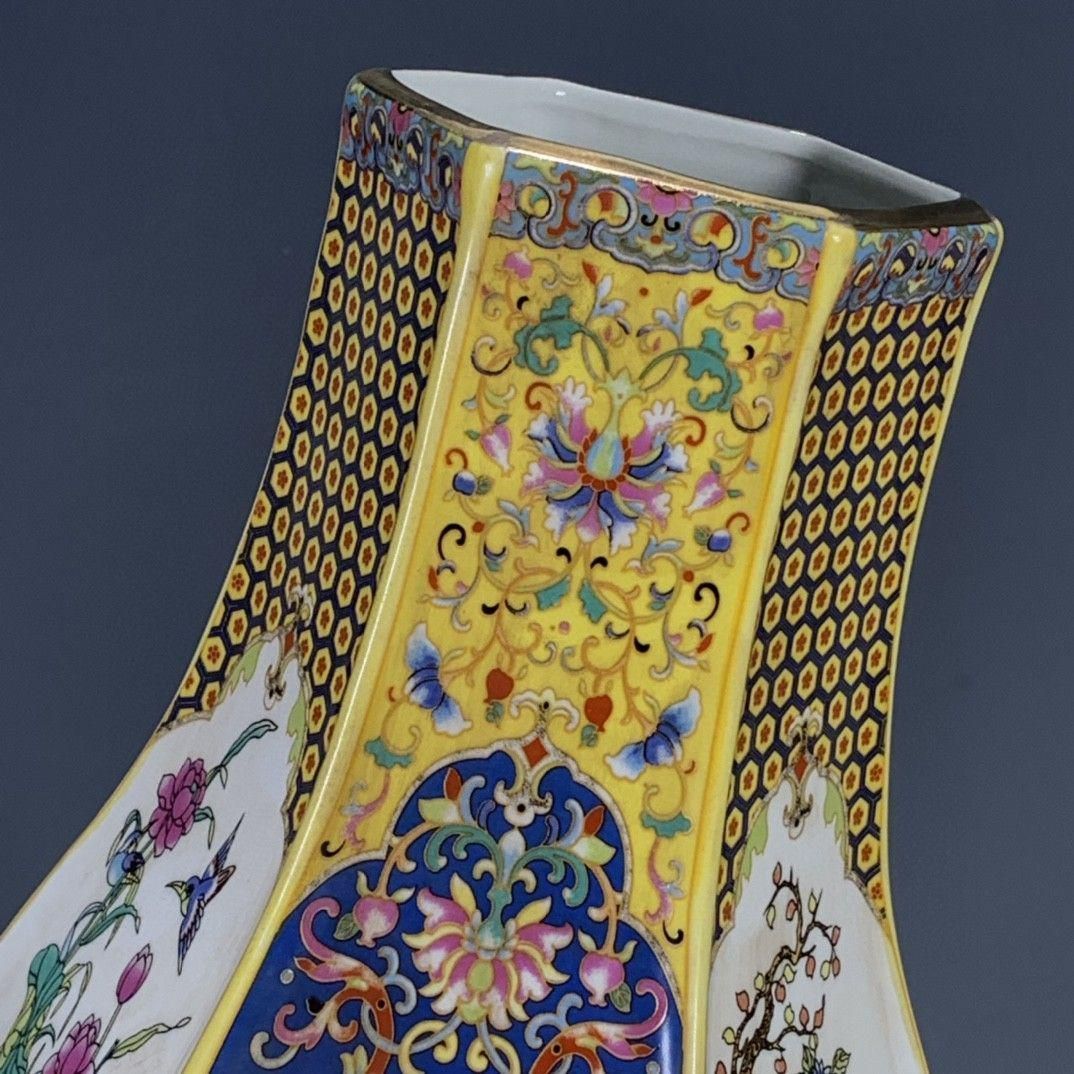 清代雍正彩蒔花鳥多稜花瓶 景徳鎮 陶磁器 装飾品 現代工芸品美術品