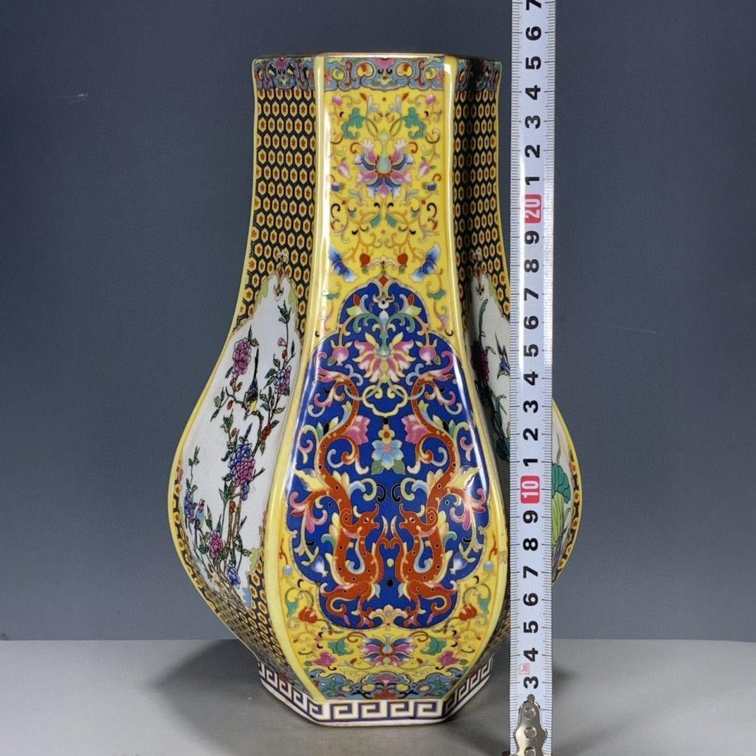 清代雍正彩蒔花鳥多稜花瓶 景徳鎮 陶磁器 装飾品 現代工芸品美術品