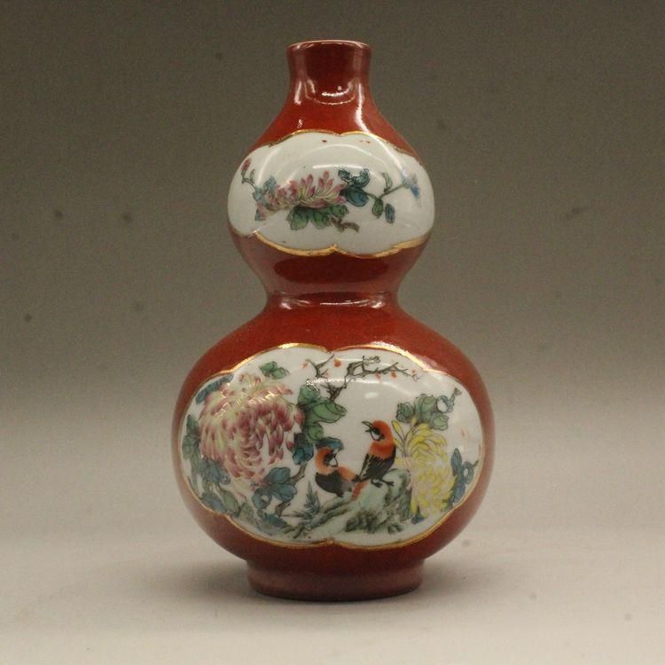 居仁堂款紅釉粉彩花鳥瓢?瓶 景徳鎮 陶磁器 装飾品 現代工芸品美術品