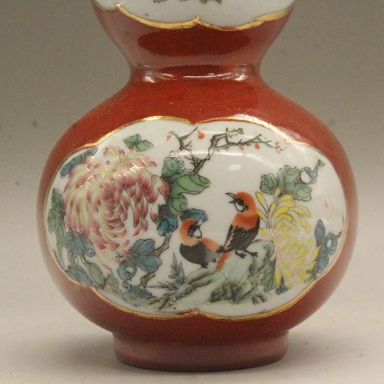 居仁堂款紅釉粉彩花鳥瓢?瓶 景徳鎮 陶磁器 装飾品 現代工芸品美術品