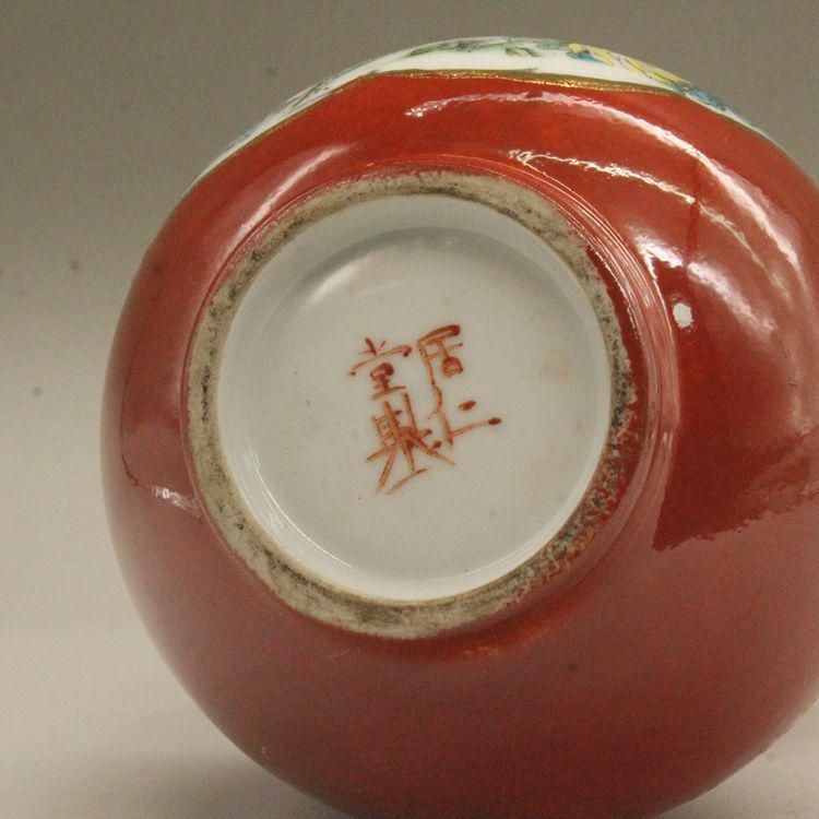 居仁堂款紅釉粉彩花鳥瓢?瓶 景徳鎮 陶磁器 装飾品 現代工芸品美術品