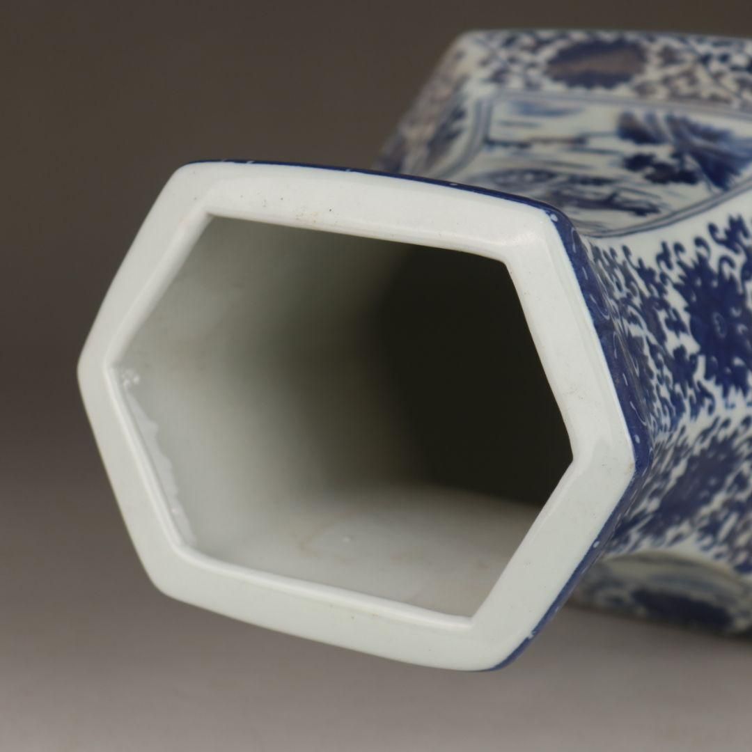 中国美術 青花山水花鳥紋六方扁瓶 景徳鎮 陶磁器 装飾品 工芸品 美術品