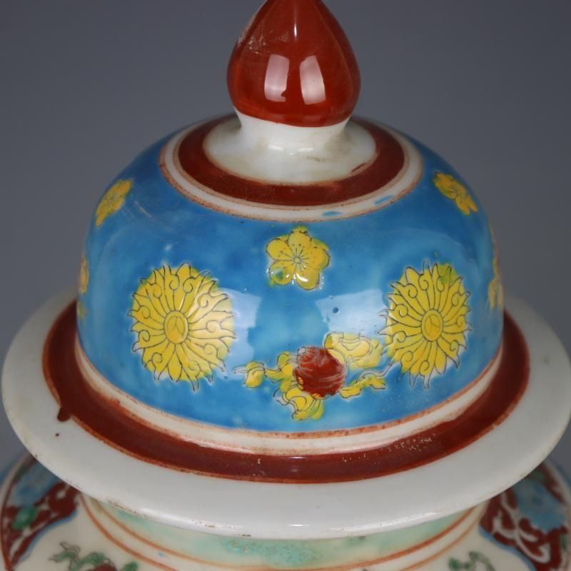 康熙藍地パステル人物将軍缶 景徳鎮 陶磁器 装飾品 現代工芸品 美術品