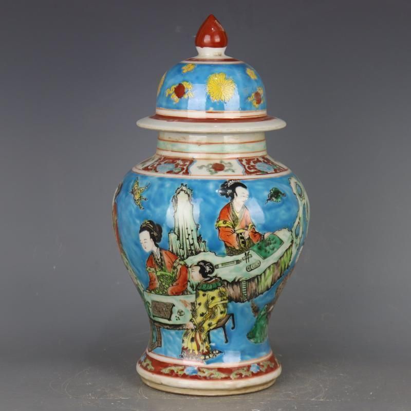 康熙藍地パステル人物将軍缶  景徳鎮 陶磁器 装飾品 現代工芸品 美術品 置物 康熙藍地パステル人物将軍缶 景徳鎮 陶磁器 装飾品 現代工芸品