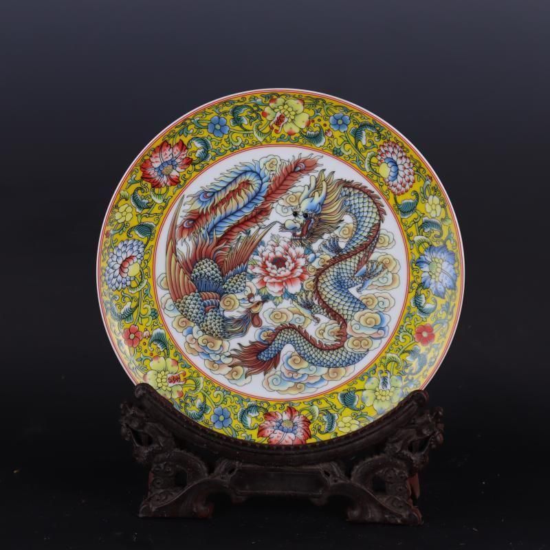 清乾隆粉彩龍鳳紋平盤賞 景徳鎮 陶磁器 装飾品 現代工芸品 美術品 置物
