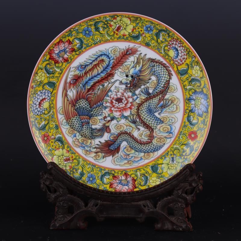 清乾隆粉彩龍鳳紋平盤賞 景徳鎮 陶磁器 装飾品 現代工芸品 美術品 置物