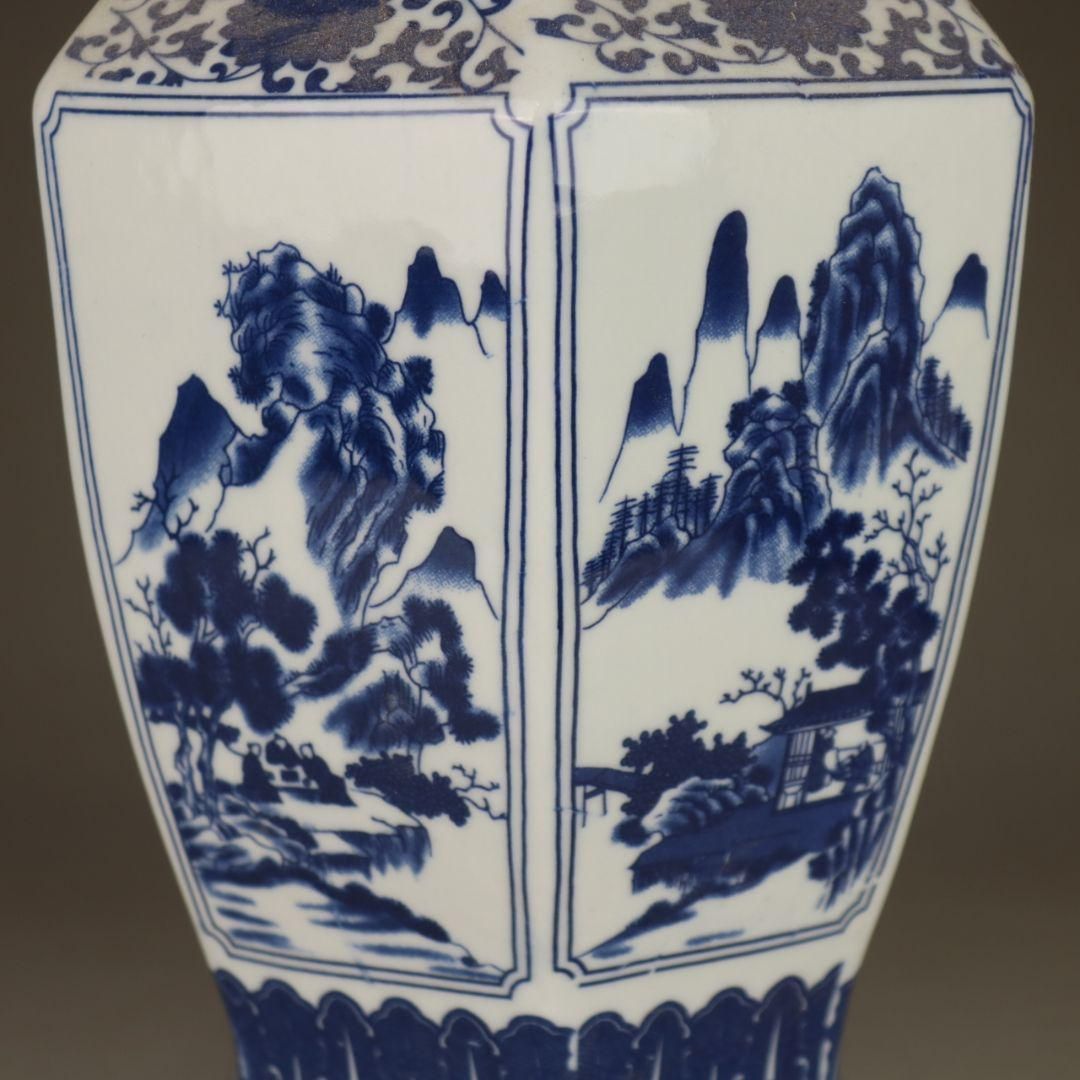 中国美術 青花山水花鳥紋六方扁瓶 景徳鎮 陶磁器 装飾品 工芸品 美術品