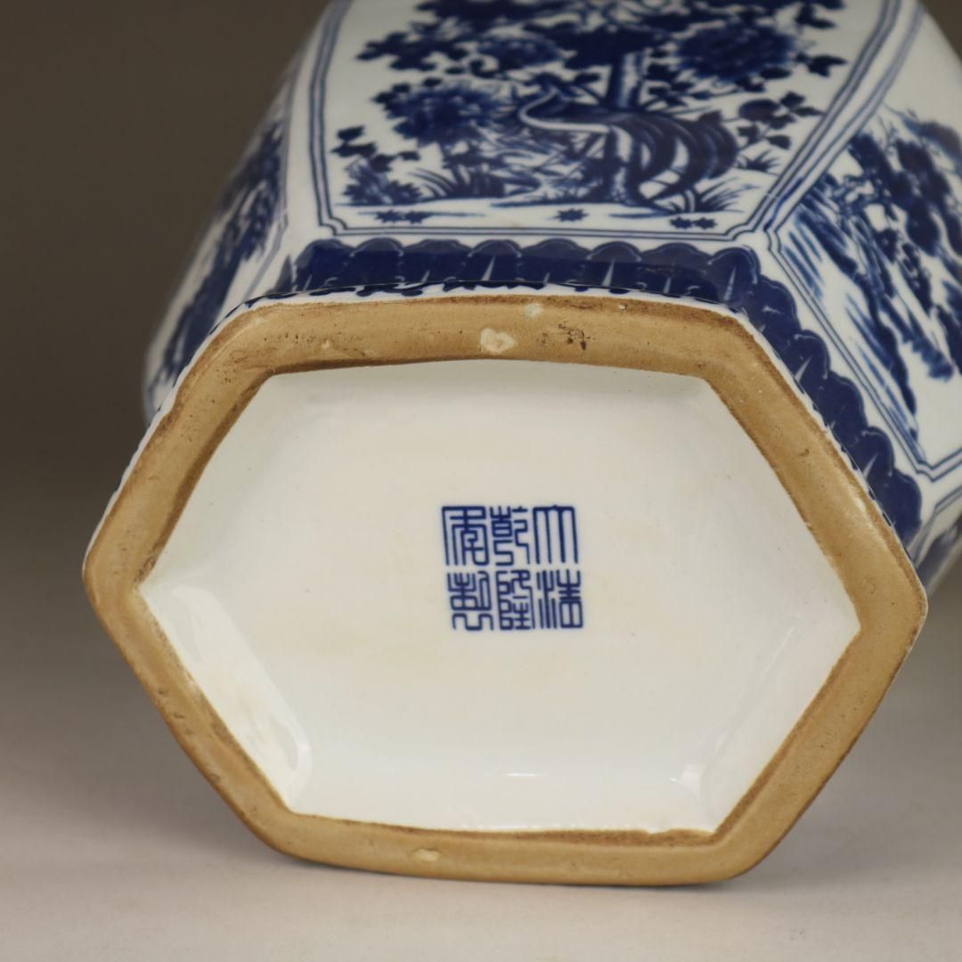 中国美術 青花山水花鳥紋六方扁瓶 景徳鎮 陶磁器 装飾品 工芸品 美術品