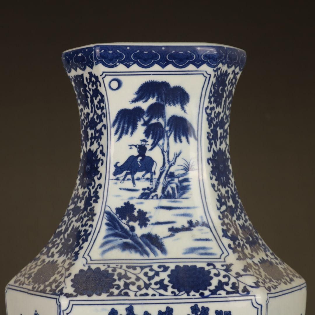 中国美術 青花山水花鳥紋六方扁瓶 景徳鎮 陶磁器 装飾品 工芸品 美術品