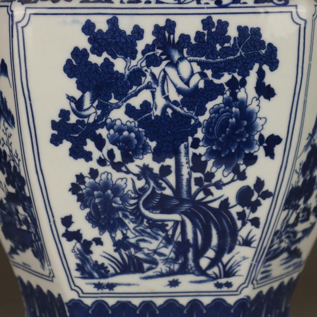 中国美術 青花山水花鳥紋六方扁瓶 景徳鎮 陶磁器 装飾品 工芸品 美術品