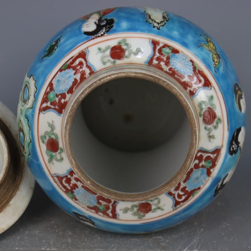 康熙藍地パステル人物将軍缶  景徳鎮 陶磁器 装飾品 現代工芸品 美術品 置物 康熙藍地パステル人物将軍缶 景徳鎮 陶磁器 装飾品 現代工芸品