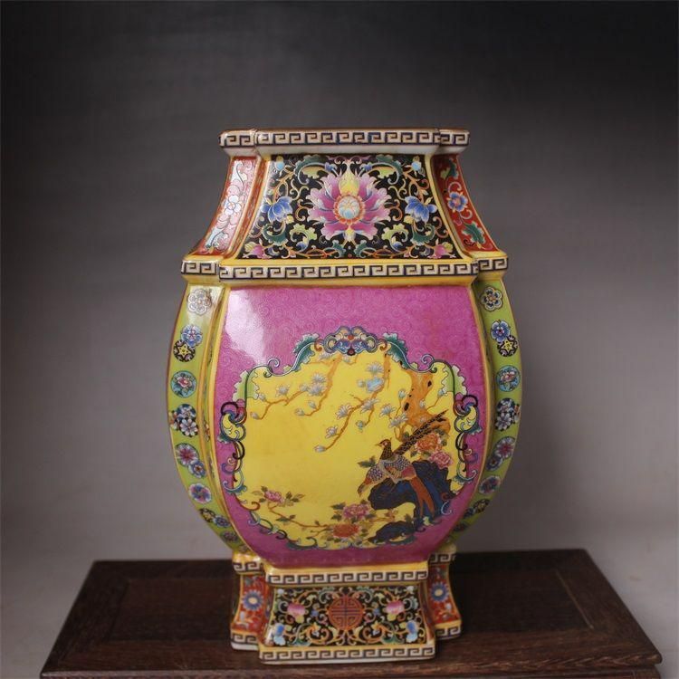 大清雍正琺瑯彩四方花鳥尊瓶 景徳鎮 陶磁器 装飾品 現代工芸品 美術品