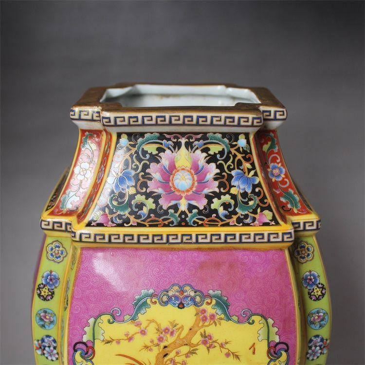 大清雍正琺瑯彩四方花鳥尊瓶 景徳鎮 陶磁器 装飾品 現代工芸品 美術品
