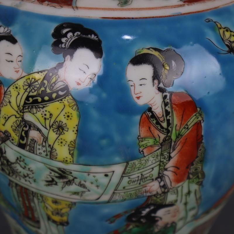 康熙藍地パステル人物将軍缶  景徳鎮 陶磁器 装飾品 現代工芸品 美術品 置物 康熙藍地パステル人物将軍缶 景徳鎮 陶磁器 装飾品 現代工芸品