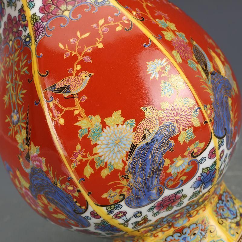 エナメル色磁器花鳥瓶 景徳鎮 陶磁器 注文 装飾品 現代工芸品 美術品 置物