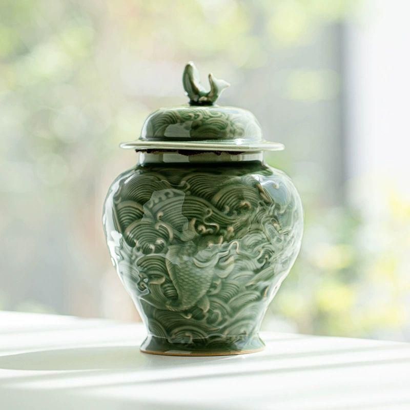 中国美術 青磁浮彫り錦鯉茶筒 茶器 茶入れ 青磁 茶道具 新品未使用 中国美術 青磁浮彫り錦鯉茶筒 茶器 茶入れ 青磁 茶道具 新品未使用