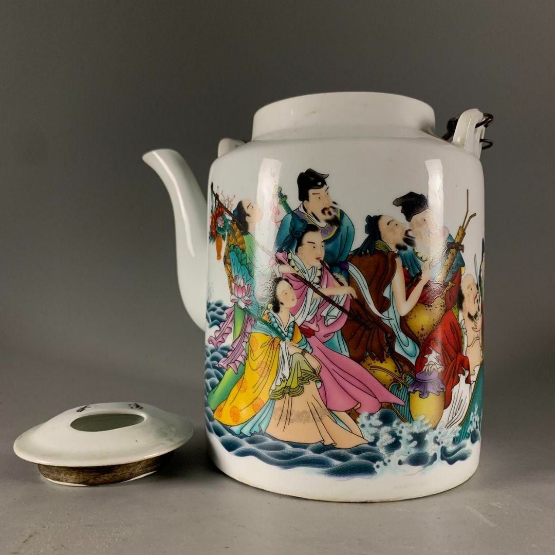 粉彩八仙過海図提梁茶壺 景徳鎮 陶磁器 装飾品 現代工芸品美術品 置物