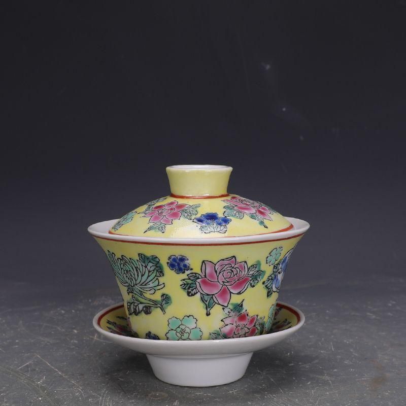 キッチン・食器 景徳鎮 粉彩黄地万花図三才蓋碗