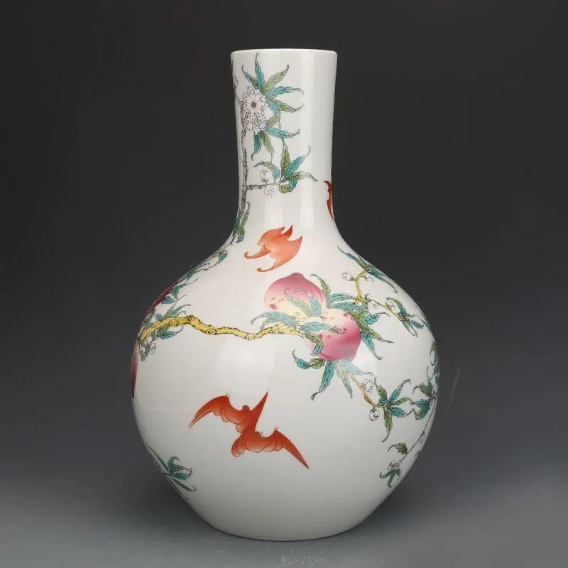 清乾隆粉彩福寿九桃天球瓶 景徳鎮 陶磁器 装飾品 現代工芸品 美術品 置物 景徳鎮 粉彩九桃図天球瓶 中国 陶磁器 工芸 - アートの友社 : ホーリ