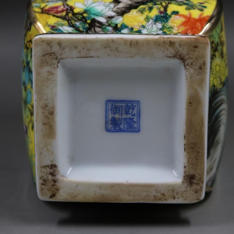 清乾隆黄地琺瑯彩花鳥四方花瓶 景徳鎮 陶磁器 装飾品 現代工芸品 美術