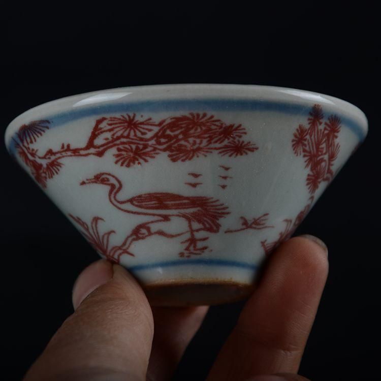 中国美術 釉里紅松鶴鹿笠杯 湯飲み 工芸品 美術品 置物 - メルカリ