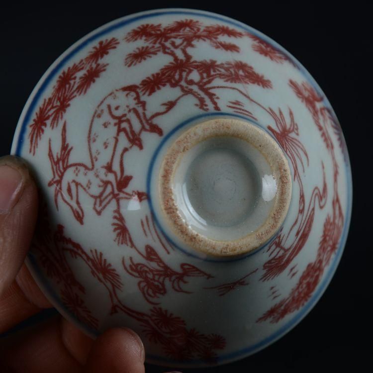 中国美術 釉里紅松鶴鹿笠杯 湯飲み 工芸品 美術品 置物 - メルカリ