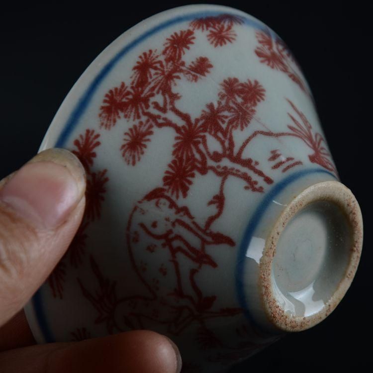 中国美術 釉里紅松鶴鹿笠杯 湯飲み 工芸品 美術品 置物 - メルカリ