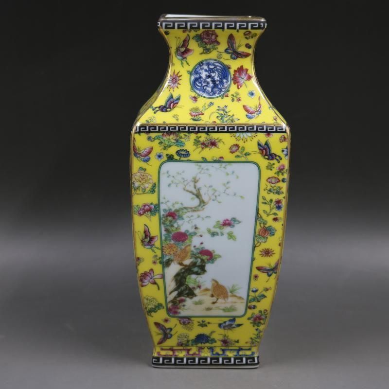 清乾隆琺瑯彩飄花黄地花鳥四方瓶 景徳鎮 陶磁器 装飾品 現代工芸品