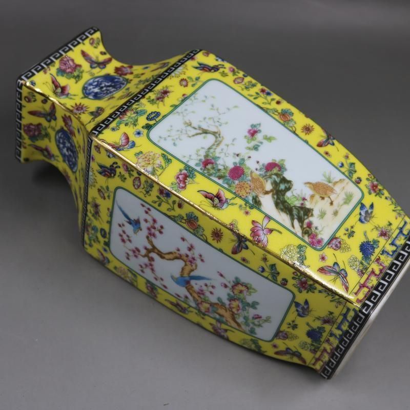清乾隆琺瑯彩飄花黄地花鳥四方瓶 景徳鎮 陶磁器 装飾品 現代工芸品 清乾隆琺瑯彩飄花黄地花鳥四方瓶 景徳鎮 陶磁器 装飾品 現代工芸品