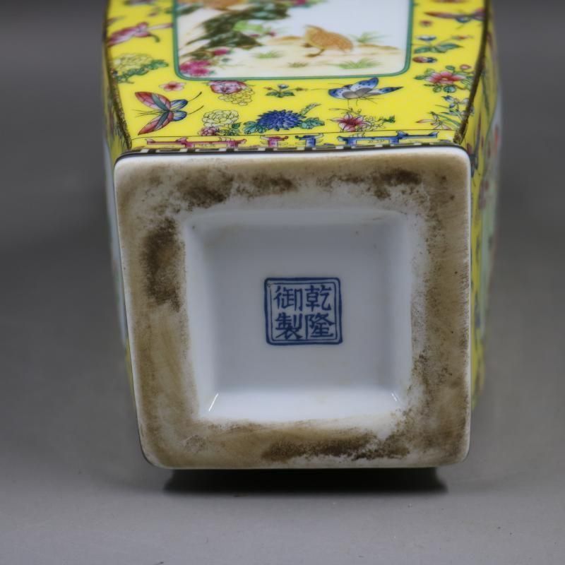 清乾隆琺瑯彩飄花黄地花鳥四方瓶 景徳鎮 陶磁器 装飾品 現代工芸品