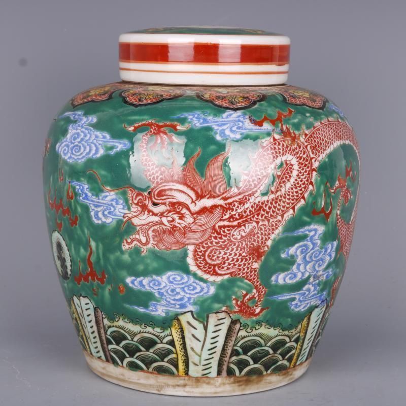 清雍正緑地粉彩龍鳳紋茶蓋缶 景徳鎮 陶磁器 装飾品 現代工芸品 美術品