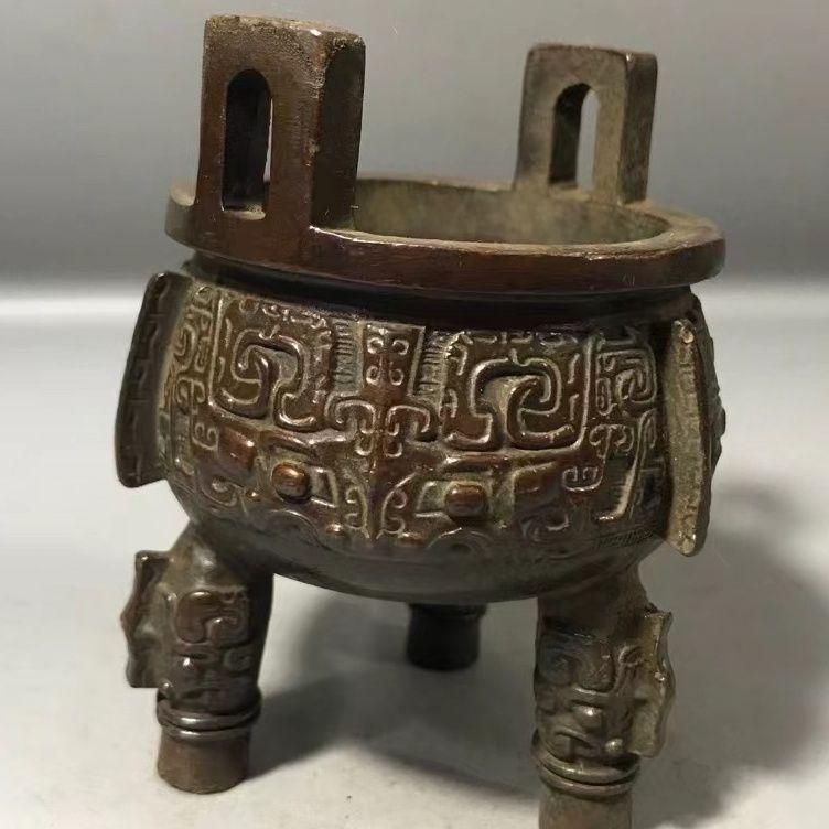 1804T16032】中国古董品 戦国 古い銅製『獣面紋』双耳 三足 銅香炉
