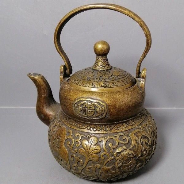 銅 細工 茶道具 浮彫り 福禄茶壺 提梁銅壺 水徳利 工芸品 美術品 置物