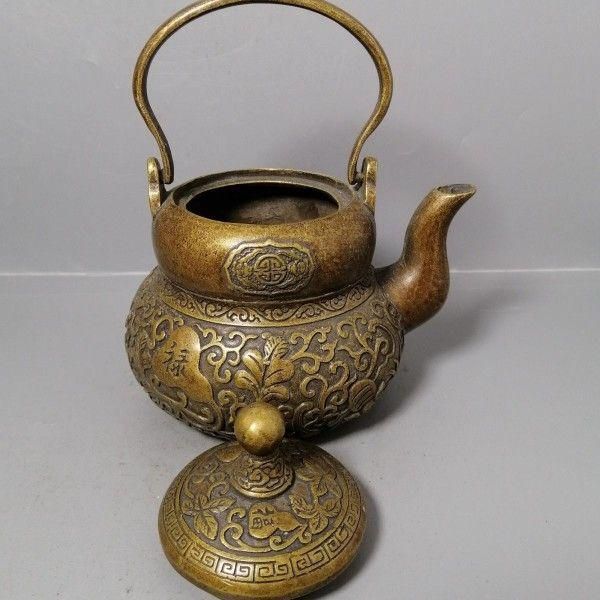 銅 細工 茶道具 浮彫り 福禄茶壺 提梁銅壺 水徳利 工芸品 美術品 置物