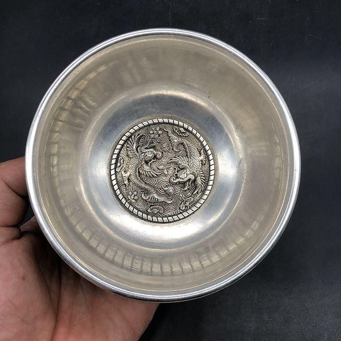 銅 細工 浮彫り 龍鳳碗 工芸品 置物