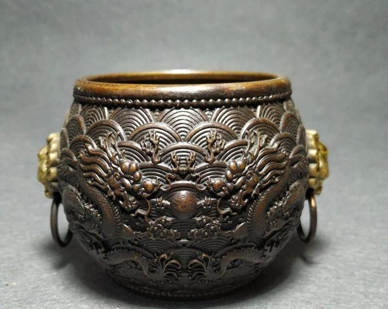 銅 細工 双龍戯珠銅壺 双獣頭香炉 筆洗 工芸品 置物 - メルカリ
