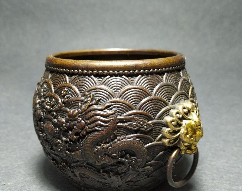銅 細工 双龍戯珠銅壺 双獣頭香炉 筆洗 工芸品 置物 - メルカリ