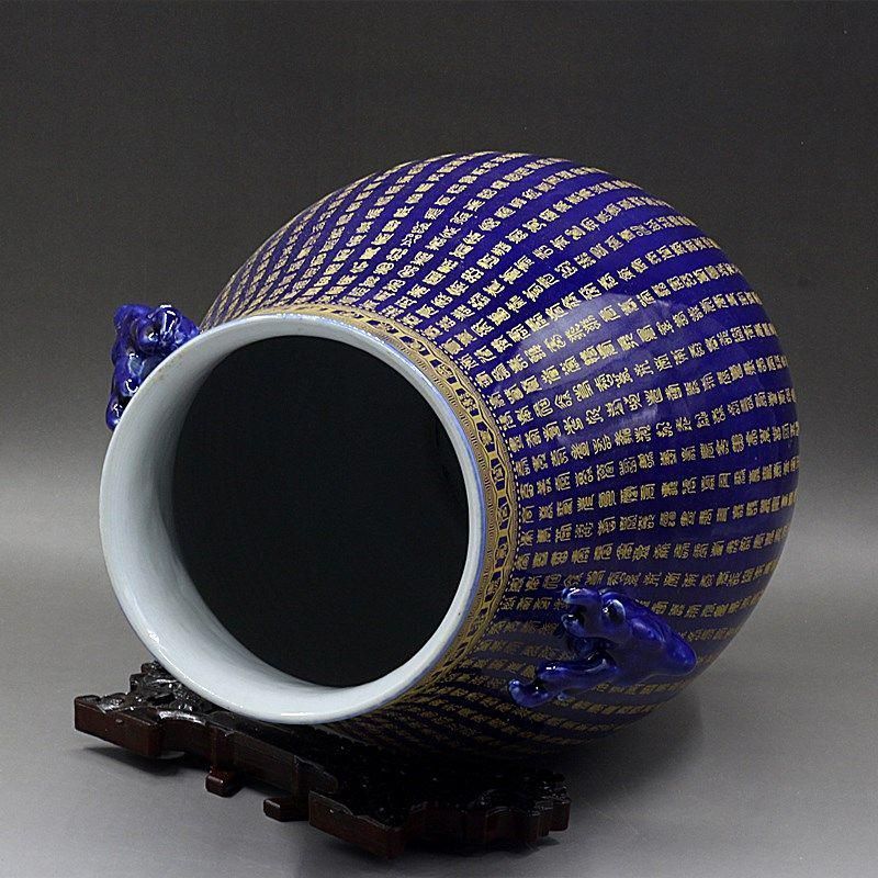 霽藍蒔金万寿鹿頭樽 景徳鎮 陶磁器 装飾品 現代工芸品 美術品 置物