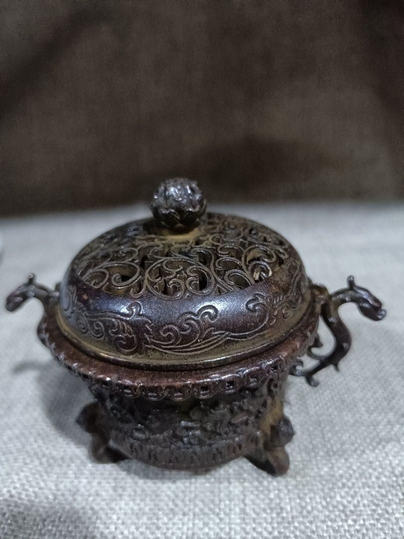 中国　古銅　双耳三つ足鼎　香炉　唐木蓋付　M　R7404 中国 古銅 双耳三つ足鼎 香炉 唐木蓋付 M R7404 中国 古銅