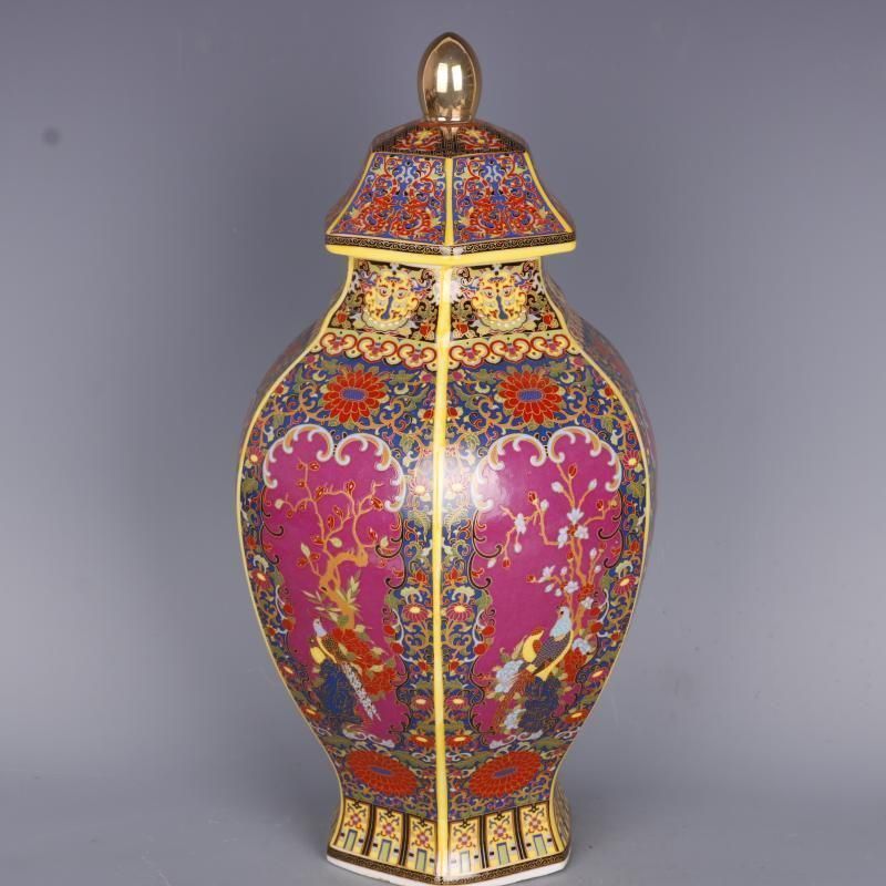 琺瑯彩花鳥六方将軍壺 景徳鎮 陶磁器 装飾品 工芸品 美術品 置物