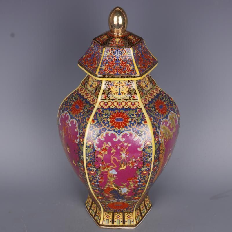 琺瑯彩花鳥六方将軍壺 景徳鎮 陶磁器 装飾品 工芸品 美術品 置物