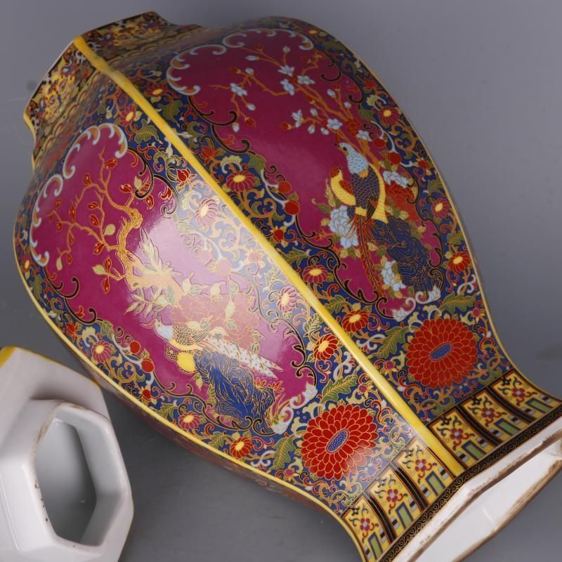 琺瑯彩花鳥六方将軍壺 景徳鎮 陶磁器 装飾品 工芸品 美術品 置物