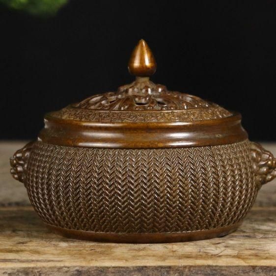 銅器 重工 彫刻 獅環耳独角鼓面薫香炉 工芸品 美術品 置物 高岡銅器 香炉 | 玉型孔雀 彩色 | 銅 | 喜泉堂