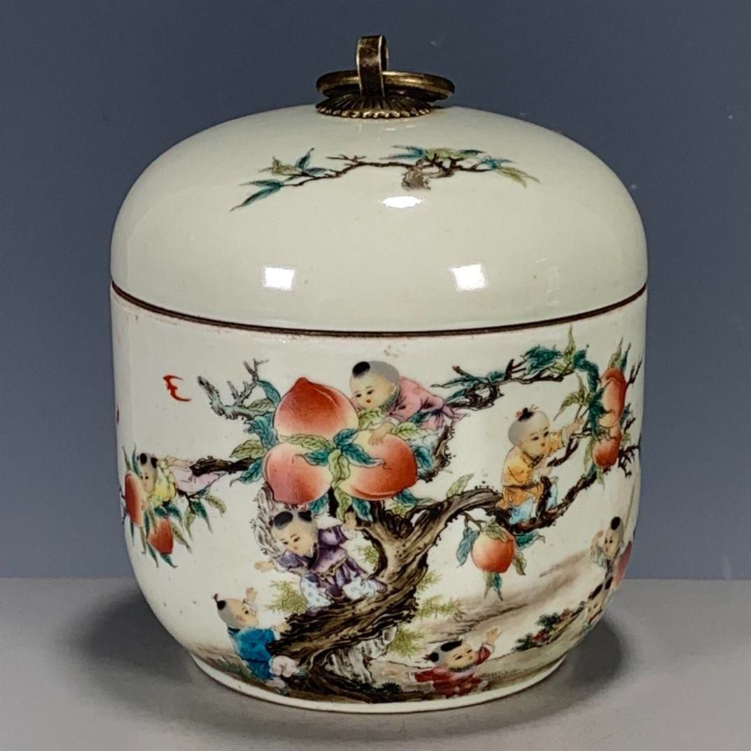 蓋物■中国陶磁器人物色絵合子 茶入 桃松 唐人 蓋鉢 丸筒鉢 入物 古玩 骨董■ 蓋物□中国陶磁器人物色絵合子 茶入 桃松 唐人 蓋鉢 丸筒鉢 入物 古玩