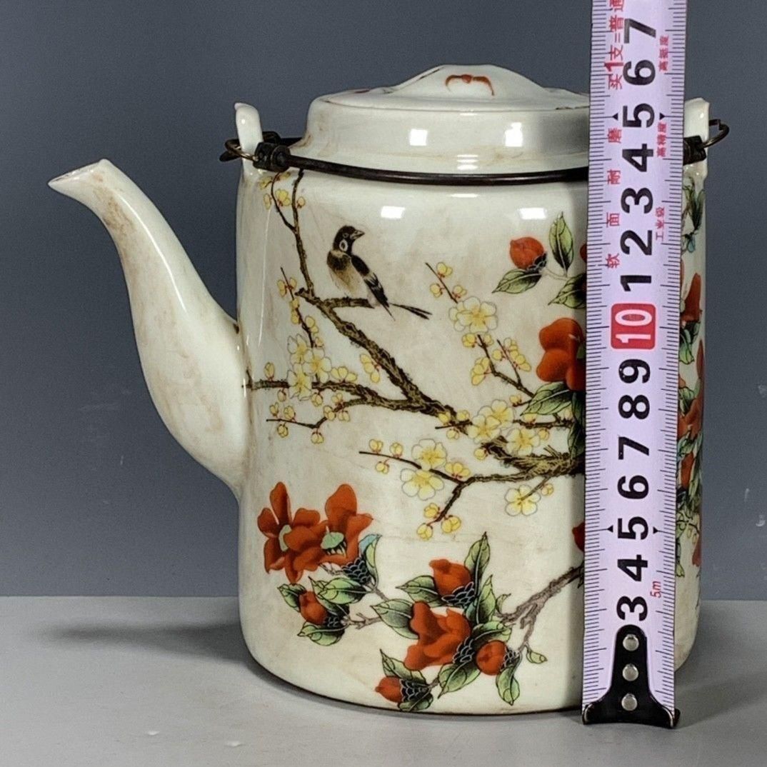 粉彩花卉図提梁壺 急須 茶道具 陶磁器 装飾品 現代工芸品美術品 置物