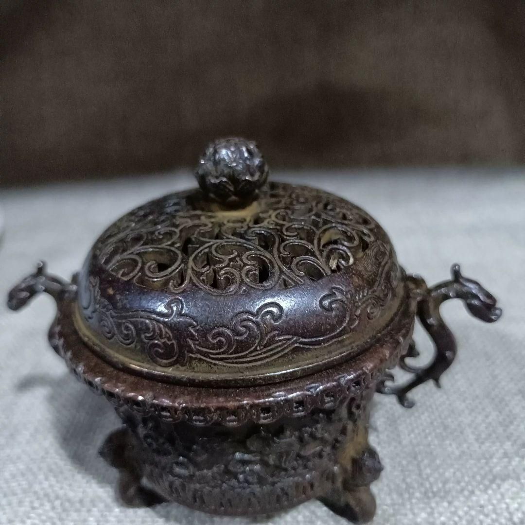銅器 三足鼎 チ首竜双耳香炉 焼香炉 香道具 茶道具 装飾品 工芸品 置物